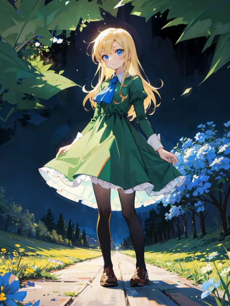 <lora:Mary2:0.8> MaryGuer, blue eyes, green dress, blonde hair, loafers, 1girl, full body, looking at viewer, parted bangs, black pantyhose, standing, flower field, outdoors,