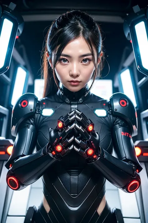 (korean woman),beautiful face,professional lighiting,sharp focus,black mechanical,black machine,black mechanical arms, robot joints, fighting,