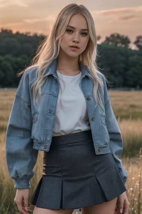 photo of S315_NikkiHill,a stylish woman,on a (field),wearing a (jacket) and a (skirt),(sunset),(4k, RAW photo, best quality, depth of field, ultra high res:1.1),(absurdres, intricate, photorealistic, masterpiece, ultra-detailed:1.1),