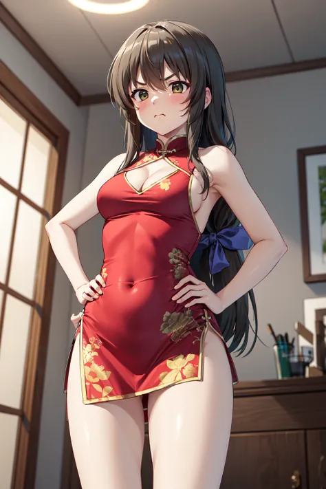 masterpiece,best quality,highres,ultra-detailed,ibuki fuuko,long hair,low-tied long hair,bangs,hair bow,<lora:ibuki_fuuko:0.7>,bare shoulders,china dress,chinese clothes,short dress,cleavage cutout,sideboob,thighs,hands_on_hips,(furrowed_brow:1.2),indoors,...