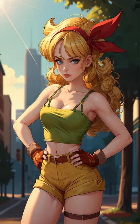 ((masterpiece, best quality)), insaneres, absurdres, solo, looking at viewer,
BlondeHair_BadLaunch_ownwaifu,
1girl, long hair, blonde hair,  curly hair, hair ribbon, blue eyes, medium breasts, red hairband, eyelashes, bangs, 
green shirt,  yellow shorts, c...