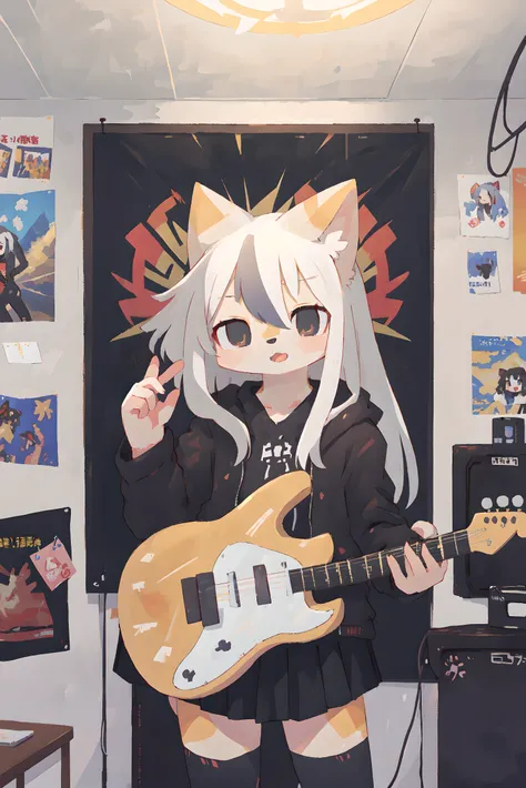 1girl, solo, electric guitar, black jacket, black skirt, cat girl, long white hair, indoor, posters, movie posters, amps, looking at viewer, holding guitar, (best quality, masterpiece, illustration, ultra-detailed:1.3), (anthro, furry, kemono:1.3)