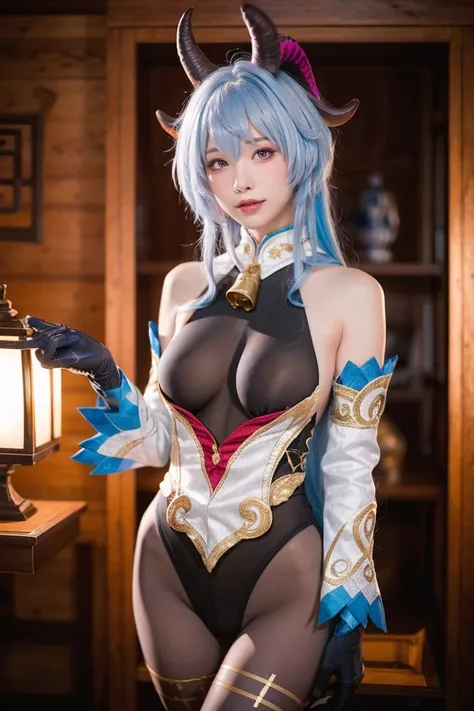 Ganyu,1girl,ganyu (genshin impact),solo,horns,blue hair,gloves,detached sleeves,breasts,bell,bare shoulders,black gloves,looking at viewer,cosplay,bangs,standing,long hair,purple eyes,pantyhose,hair between eyes,bodystocking,neck bell,cowbell,tassel,goat h...