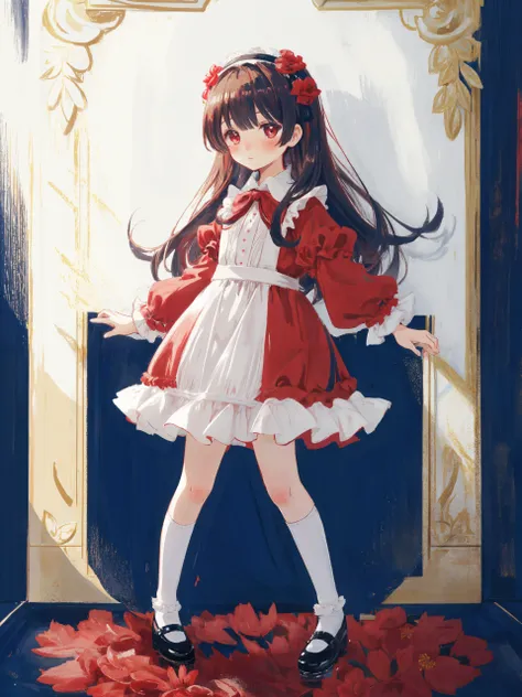 <lora:Ib2:0.8> IbG, 1girl, solo, expressionless, frilled red dress, flower headband, blush, hair flower, white legwear, mary janes, formal, child, full body, standing,