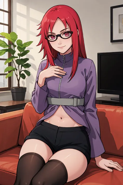 masterpiece, best quality, solo, 1girl, karinuzumaki, smile, closed mouth, looking at viewer, sitting, couch, hand on lap, glasses, purple jacket, long sleeves, shorts, black thighhighs, midriff peek, navel, indoors, living room <lora:naruto_karinuzumaki-1...