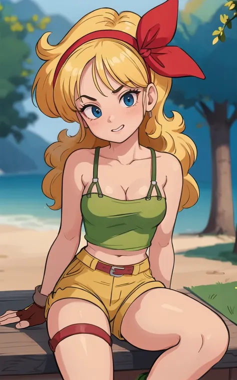 ((masterpiece, best quality)), insaneres, absurdres, solo, looking at viewer,
BlondeHair_BadLaunch_ownwaifu,
1girl, long hair, blonde hair,  curly hair, hair ribbon, blue eyes, medium breasts, red hairband, eyelashes, bangs, 
green shirt,  yellow shorts, c...