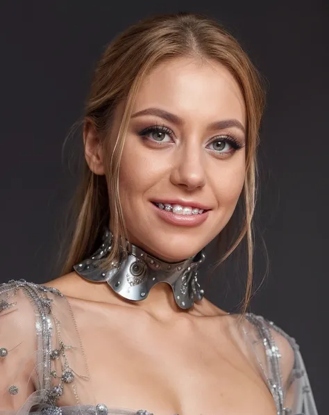 , realistic, <lora:quiron_NikkyThorne_v1_lora:0.87> NikkyThorneQuiron, braces,, skin pores, perfect iris,  perfect eyes,  serious, portrait, linkedin, grey background, in haute couture. Luxury, designer brands, runway-ready, tailored, chic