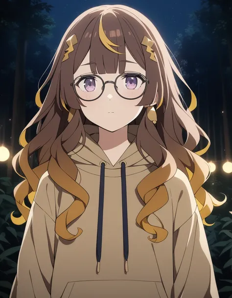 1girl, anya melfissa, hololive indonesia, 
long hair, wavy hair, brown hair, purple eyes, small breasts, hoodie, expressionless, glasses, 
forest, night, bokeh, anime screencap, 
very aesthetic, masterpiece, best quality,