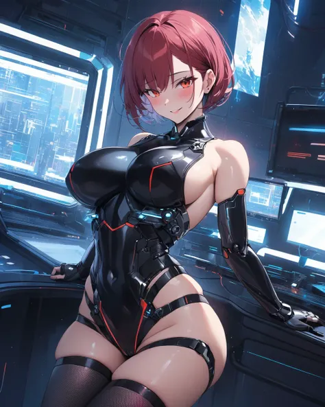 augmented limbs, tech-wear, cyborg, body-part separation, glowing eyes, machine, blushing, naughty smile, red short pixie-cut hair, big breasts, thighhighs, thick, thigh-wear, looking at viewer, erotic pose, solo, futuristic bedroom, indoors, black tech-dr...