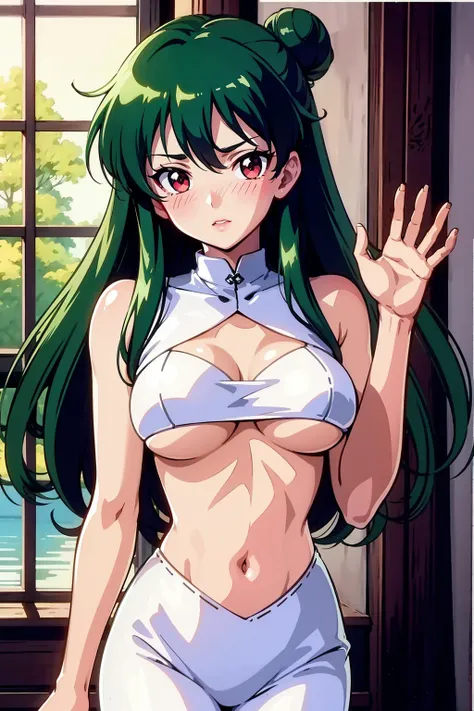 (masterpiece), 1girl, solo, perfect sexy female body, anime screencap,1990s (style), (art by Naoko Takeuchi), looking at viewer,<lora:EPsmPluto-08:0.7>, EPsmPluto, 1girl,  green hair, grey bow, hair bun, sing, long hair, looking at viewer, red eyes,star
BR...