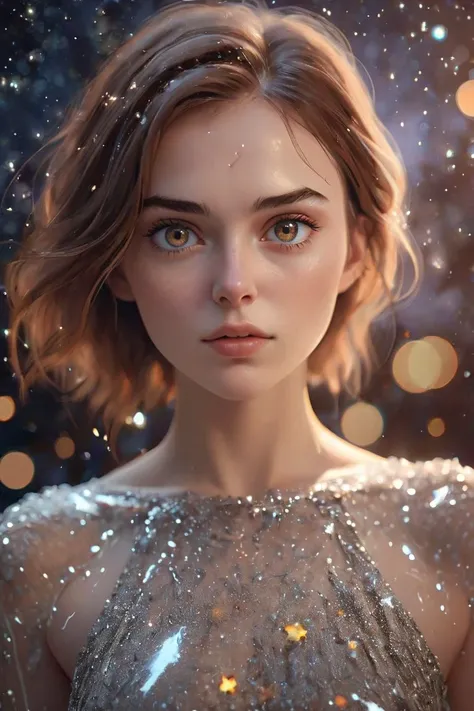 nordic woman 25yo, Brown-haired head, a fall, Intrigue, photo portrait, melting into a of stars, beautiful eyes, highly detailed, photo, official style dress background, (masterpiece), (realistic), 8k, RAW photo, very wide shot, octane render, unreal engin...