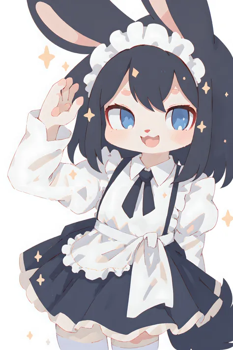 1girl, solo, maid, (simple background:1.3), standing, salute, loafers, white stockings, puffy sleeves, short skirt, apron, maid headdress, :D, looking at viewer, white fur, blue eyes, black hair, rabbit ears, rabbit girl, sparkles, (best quality, masterpie...