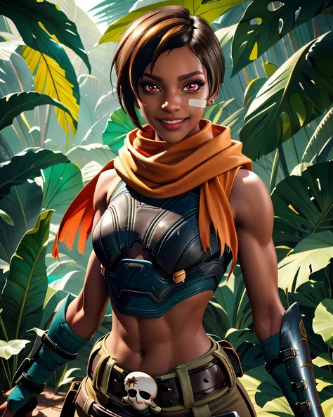 Kinessa,short brown hair,red eyes,
standing,smiling,upper body,
orange scarf,bandaid on face,midriff,belt,crop top,arm guards,toned, skull ornament, 
jungle,
(insanely detailed,masterpiece, best quality),<lora:Kinessa:0.8>,