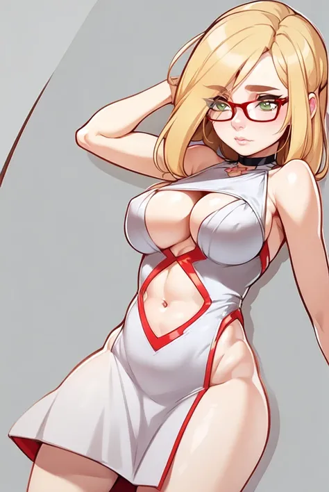 Darcy Redd, blonde hair, green eyes, red-framed eyewear, , black choker,plunging neckline, breast curtains, Revealing clothes, (revealing clothes:1.2), dress, grey background, navel cutout, cleavage cutout,