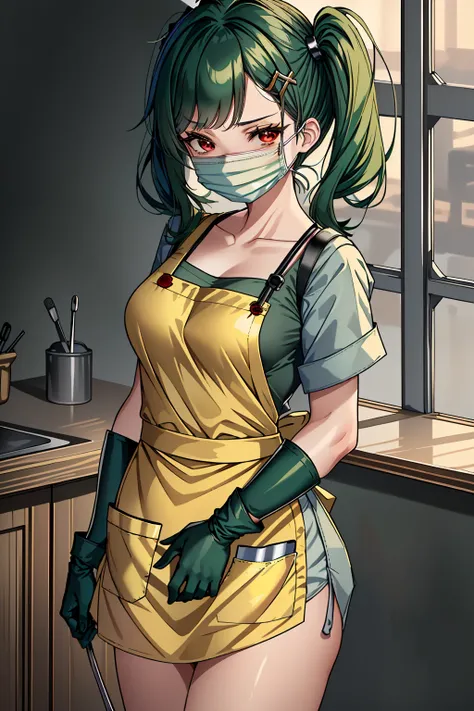 ((masterpiece, best quality, high quality)),1girl,  <lora:Clare Sniders:0.7> (clare sniders, oc ch9, 1girl, hair ornament, red eyes, twintails, hairclip, swept bangs, hair over shoulder, dark green hair, medium hair, small breasts, sidelocks), <lora:Apron ...