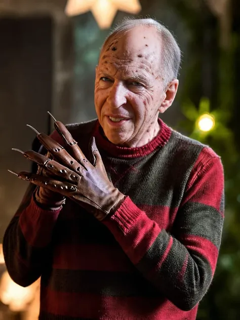 cinematic film still Jacob Rothschild as FreddyKrueger <lora:JacobRothschildXL-128:1> <lora:FreddyKrueger:0.7>, holding up his claw glove . shallow depth of field, vignette, highly detailed, high budget, bokeh, cinemascope, moody, epic, gorgeous, film grai...