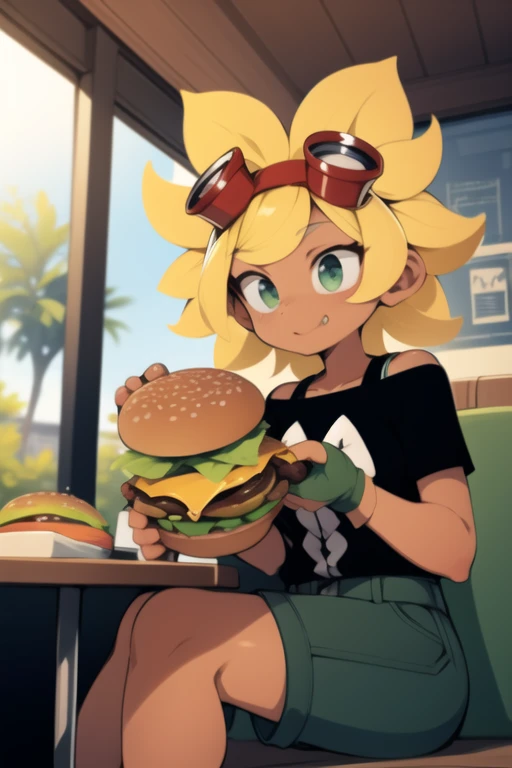 <lora:solarflare-04:1> solarflare, sitting in cafe, eating burger, masterpiece, best quality