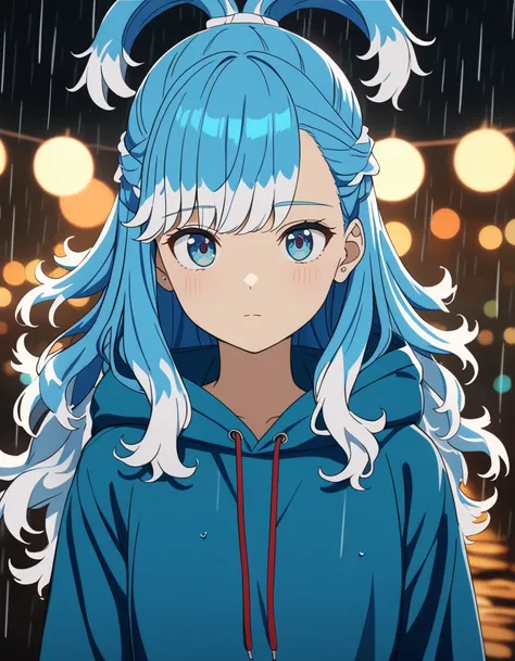 1girl, kobo kanaeru, hololive indonesia, 
long hair, wavy hair, blue hair, blue eyes, small breasts, hoodie, expressionless, 
rain, night, bokeh, anime screencap, 
very aesthetic, masterpiece, best quality,