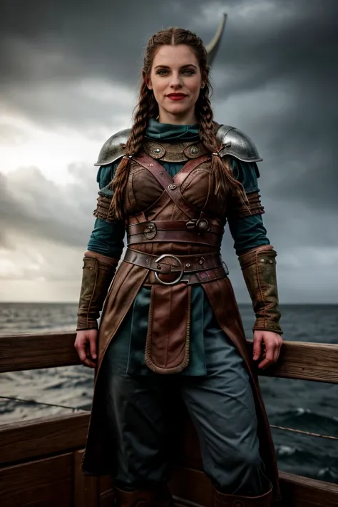 Professional photograph of JDG Woman, d&d fantasy setting, (((full body shot))) as a viking warrior, wearing leather armor, braided hair, (full viking outfit). Shes a norse raider, standing at the prow of a viking longship, looking at the viewer, smiling, ...