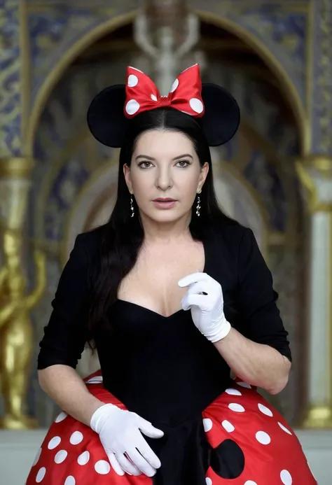 Gothic style ((Marina Abramovic)) as minnie mouse <lora:MarinaAbramovicXL-128:1> . Dark, mysterious, haunting, dramatic, ornate, detailed