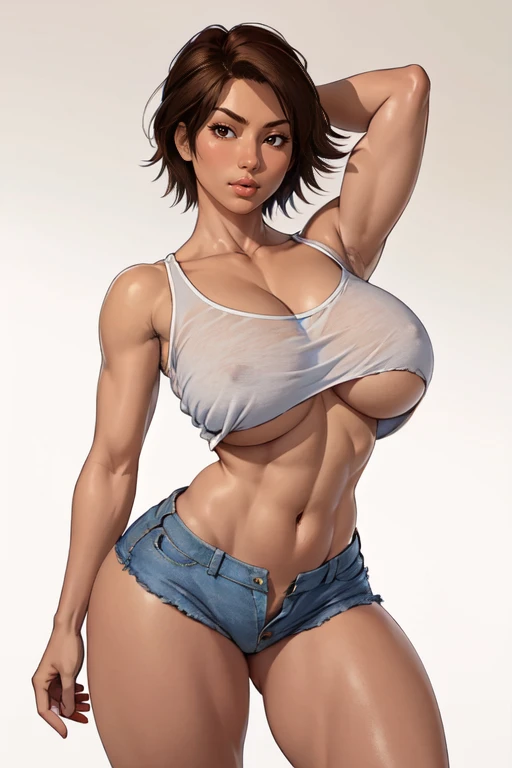 masterpiece,best quality,extreme detail,8k,<lora:asuka:0.6>,white background, asukakazama2, 1girl, solo, breasts, looking at viewer, short hair, large breasts, brown hair, shirt, navel, brown eyes, collarbone, thighs, cowboy shot, parted lips, shorts, midr...