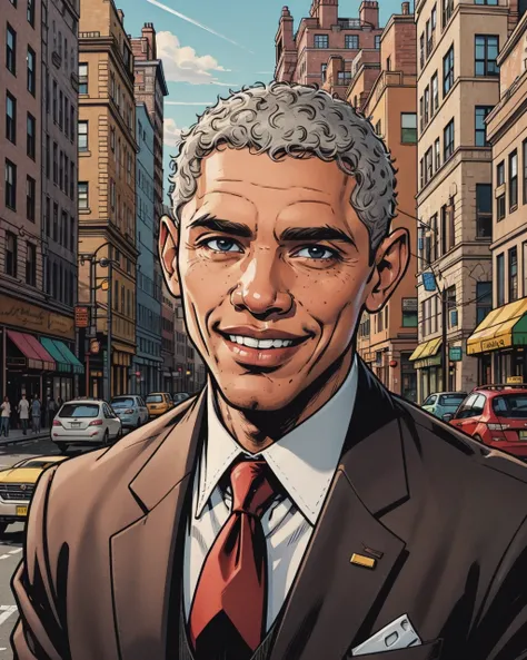 comic artwork of a man, barack obama, short hair, portrait, smiling, happy, business attire, city background, epic, dynamic shadows, cinematic lighting, daylight, warm summer day, <lora:detail_slider_v4:1.25>, <lora:colorify:0.5>, crosshatching, 2D, Sharp,...