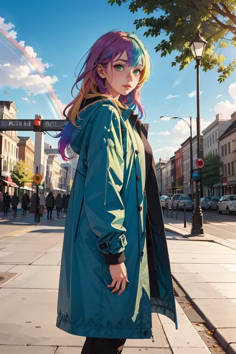 masterpiece, best quality,
1girl, 
 <lora:OversizedClothes_FefaAIart:1>,
rainbow hair, multicolored, long hair, freckles, green eyes, blue sky, at park,
oversized coat