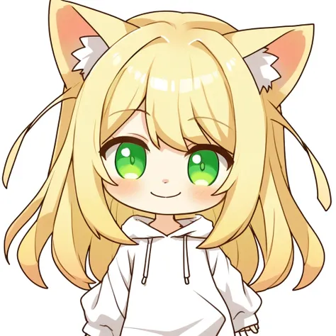 (flat cell shading:1.1), solo, (chibi:0.1), oversized clothes, puffy sleeves, white hoodie, blonde hair, long hair, green eyes, cat ears, smile,
white background,