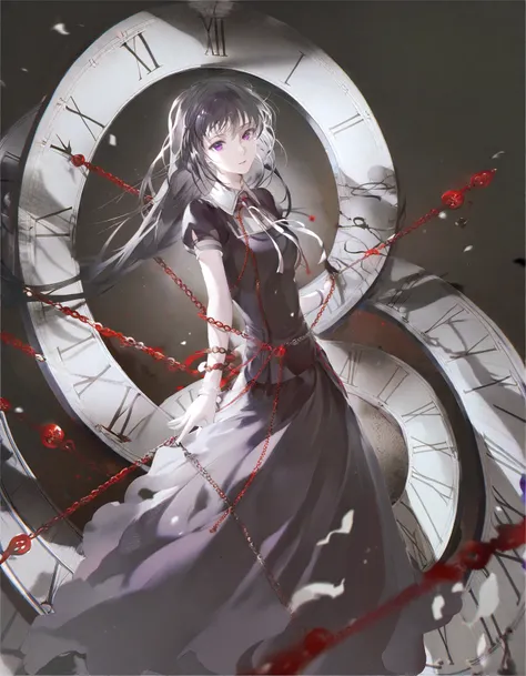 amazing quality, best quality, 1girl, black hair, dress, long hair, solo, black dress, chain, akemi homura, clock, purple eyes, looking at viewer, short sleeves, hairband, roman numeral, <lora:inoriac:1>