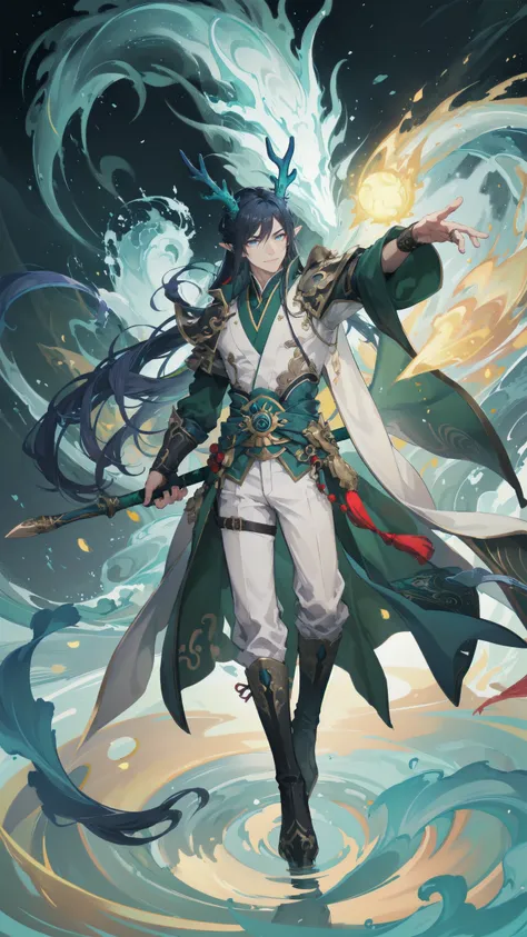 masterpiece,top quality,best quality,rich details,solo,1boy,long hair,weapon,blue hair,male focus,solo,dragon,water,holding weapon,very long hair,eastern dragon,holding,looking at viewer,full body,antlers,white pants,sword,horns,coral,standing,architecture...