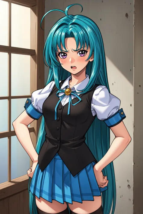 masterpiece, best quality, 1girl, solo, <lora:AkiyamaMiho_v1:0.75>, school corridor, indoors, standing, upper body, tsundere, school uniform, purple eyes, short sleeves, blue sleeve ends, (black vest:1.2), green ribbon, brooch, teal hair, (very long hair:1...