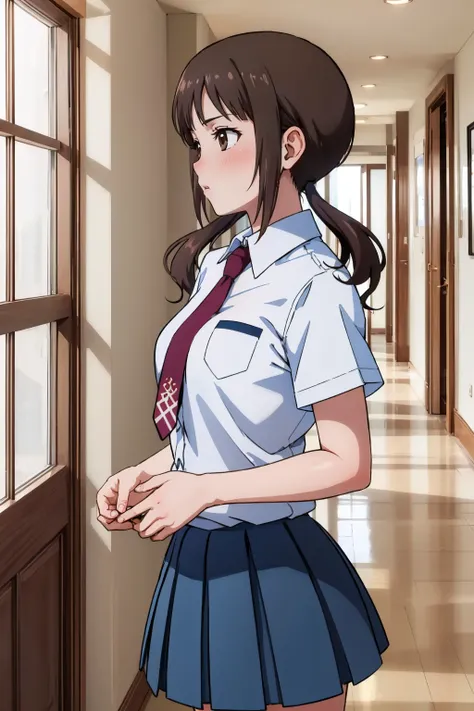 masterpiece, best quality, <lora:okitasawa-nvwls-v1-000009:0.9> okitasawa, low twintails, white shirt, short sleeves, red necktie, blue skirt, blush, pout, looking away, cowboy shot, hallway