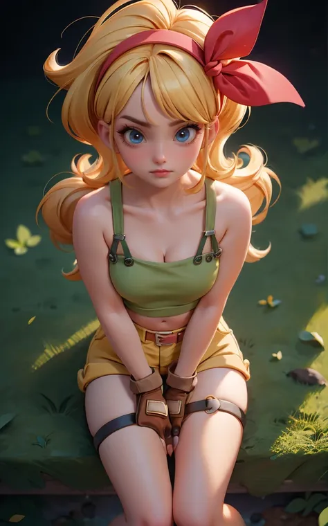 ((masterpiece, best quality)), insaneres, absurdres, solo, looking at viewer,
BlondeHair_BadLaunch_ownwaifu,
1girl, long hair, blonde hair,  curly hair, hair ribbon, blue eyes, medium breasts, red hairband, eyelashes, bangs, 
green shirt,  yellow shorts, c...