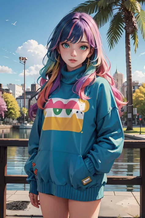 masterpiece, best quality,
1girl, 
 <lora:OversizedClothes_FefaAIart:1>,
rainbow hair, multicolored, long hair, freckles, green eyes, blue sky, at park,
oversized sweater,