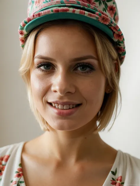 Realistic photo of a beautiful tw1ggy woman,1girl,solo,looking at viewer,smile, simple background,blonde hair,very short hair,hat,white background,lips,watermark,floral print,web address,realistic,soft lighting, professional Photography, Photorealistic, de...