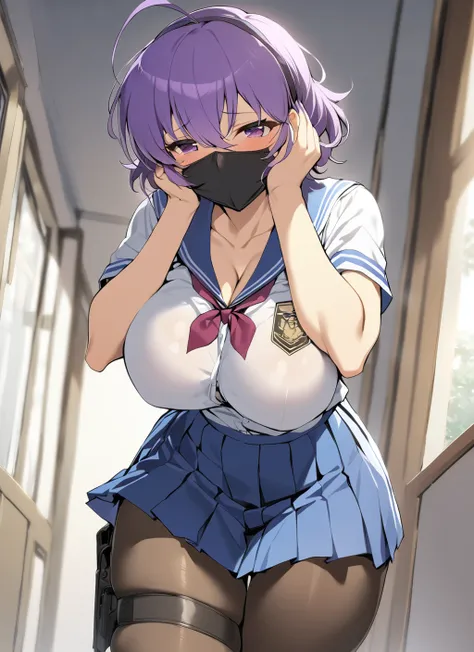 masterpiece, best quality, kuroudo (senran kagura), 1girl, solo, breasts, skirt, purple hair, purple eyes, mouth mask, pantyhose, mask, short hair, school uniform, large breasts, striped, emblem, holster, ahoge, blue skirt, hands on own face, pleated skirt...