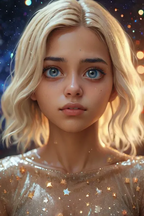 peurto rican woman 25yo, Blond head, costs, fright, photo portrait, melting into a of stars, beautiful eyes, highly detailed, photo, official style dress background, (masterpiece), (realistic), 8k, RAW photo, very wide shot, octane render, unreal engine, v...