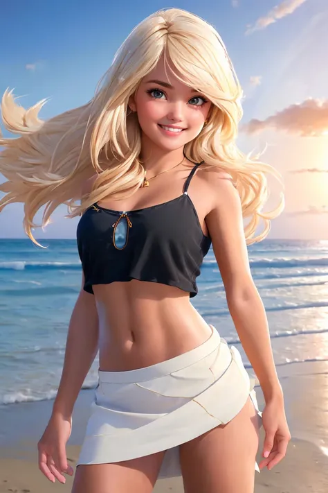 beautiful young woman, cowboy shot, standing at beach, sunset, cute face, detailed face, windy hair, happy smile, ultra realistic, detailed skin, vellus hair, btfembelly, (linea alba:1.2), (lateral abdominal lines:1.2), (Apollos belt:1.2), (V-cut:1.2), pub...