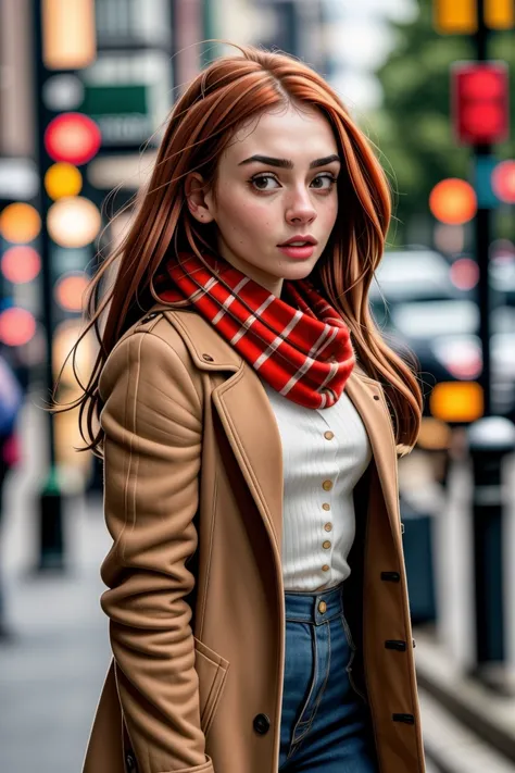 RAW photo, tv_Jane_Rouge_MXAI_V1,  frightened expression,standing,  wearing coat and scarf , western bar,  pale skin, shot from the side, full body shot,  flirting with the camera, instagram pose, photo, f1.4, 40mm,  raw, 8k, textured skin, skin pores, int...