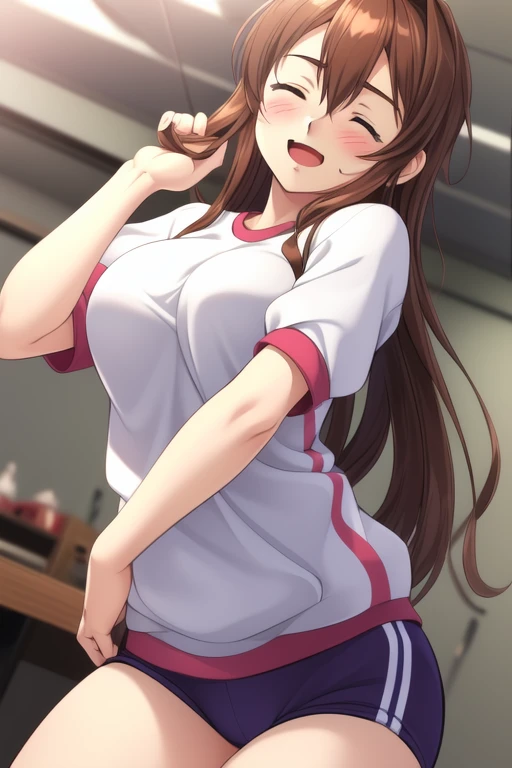 <lora:Midou_Yuuki:0.8>,  MidouYuuki, 1girl, soro, closed eyes,  open mouth,  brown_hair, long_hair,  large breasts,  happy, smile,
buruma, blush, gym uniform, smile, open mouth, 
masterpiece, high quality, very_high_resolution, large_filesize, full color,