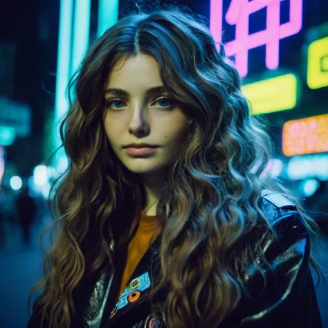 Photo of a woman with long wavy hair,portrait,kodachrome, neon,cyberpunk,  , <lora:krfroseth_xl_1_standard_merger_14_90_02_08:1>