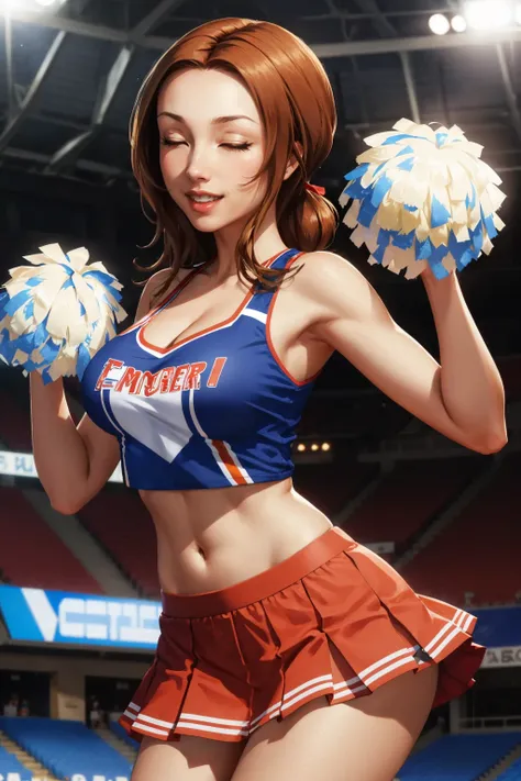 masterpiece, best quality, 1girl, solo, looking at viewer, large breasts, <lora:nkp4-guy-v2:.95>, nkp4, cheerleader, skirt, tank top, navel, pom pom (cheerleading), soccer field, closed eyes, excited, smile,