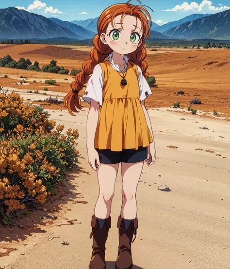 masterpiece, anime screencap, 1girl, solo, orange hair, twin braids, green eyes, yellow dress, skirt, white sleeves, red pendant, black shorts, boots, full body, standing, outdoors, desert, cowboy shot  <lora:wendy Garret:0.8>