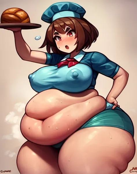 very high resolution, absurd res, (high rating:1.2), carrying overhead, original, eno konoe, cyancapsule (artist), 1girl, armpits, ascot, basket, big belly, bikini, bikini top, blush, bread, breasts, brown hair, chef uniform, clothing, erect nipples, nippl...