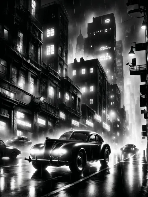 car speeding through city, rain, fog, 1940, detective noir (masterpiece:1.2), best quality, (hyperdetailed, highest detailed:1.2), high resolution textures <lora:Sin_City_SD1.5:0.8>