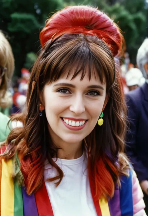 analog film photo Cosplay Jacinda Ardern as rainbow brite  <lora:JacindaArdernXL-128:1> . faded film, desaturated, 35mm photo, grainy, vignette, vintage, Kodachrome, Lomography, stained, highly detailed, found footage