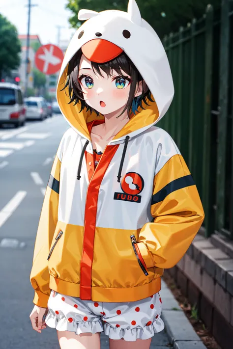 masterpiece, best quality, highres, iisubaru, short hair, hood up, animal hood, collarbone, hoodie, hooded jacket, multicolored jacket, long sleeves, polka dot, white bloomers, <lora:oozora_subaru_v1:0.8>, outdoors, street, :o, walking, cowboy shot, hand i...