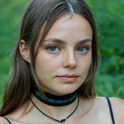 Skin texture, no makeup, Super high res closeup portrait photo of a stunning woman outdoors with straight hair, wearing a small string choker around her neck,f /2.8, Canon, 85mm,cinematic, high quality,looking at the viewer,  , <lora:krfroseth_xl_1_standar...