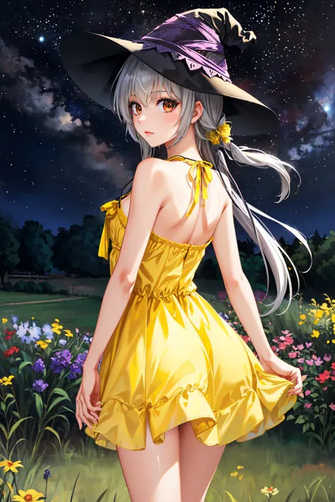 masterpiece, best quality, <lora:kamishiroalice-nvwls-v1-000009:0.8> kamishiro alice, witch hat, from behind, (yellow sundress:1.3), garden, night sky  <lora:edgChamYellowSundress:1> edgYSD,woman wearing a yellow sundress