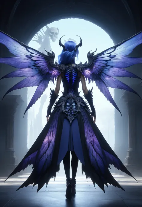 awesome quality, dynamic,DonMDr4g0nXL woman from behind,wings attached to back,skirt, (draconid:0.25) periwinkle umbra necrotic  <lora:myLoraDonMDr4g0nXL-v1.1rb:1>